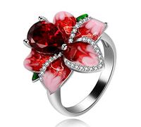 Uloveido Big Crystal Blooming Rose Flower Statement Ring Red Enamel Summer Rings With Green Leaf Pear Cut CZ Gothic Rings for Women (Size O) RA627