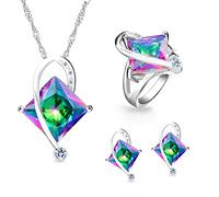 Uloveido Big Square Rainbow Created Topaz Wedding Rings Set, Princess Cut CZ Stone Jewellery Set, Birthstone Necklace Set (Multi, Size Q) T295