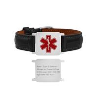 Uloveido Black Leather Medical Alert Bracelet - Custom Engraved Stainless Steel ID Wristband for Men and Women - Adjustable Buckle Clasp Emergency Identity Jewelry