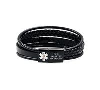 Uloveido Black Leather Medical ID Bracelet | Personalized & Customizable Emergency Alert Wristband for Men & Women | Engraved DIABETES ON INSULIN YA6982