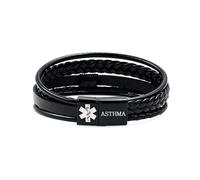 Uloveido Black Leather Medical ID Bracelet | Personalized & Customizable Emergency Alert Wristband for Men & Women | Engraved ASTHMA YA6982