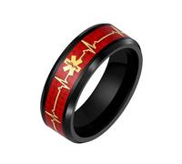 Uloveido Black Stainless Steel Medical Alert Ring, Red Resin Medical ID Band with Gold Color ECG Heartbeat Symbol, Emergency Health Safety Jewelry for Him and Her Y5273