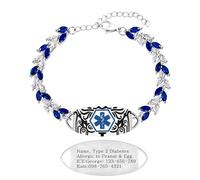 Uloveido Blue & White Leaf CZ Medical Alert Bracelet for Women | Dynamic QR Code or Custom Engraved ID Jewelry | Emergency Contact Allergy Health Info Stainless Steel & Copper Adjustable Wristband, M