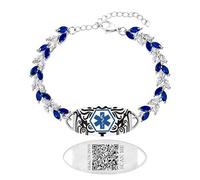Uloveido Blue & White Leaf CZ Medical Alert Bracelet for Women | Dynamic QR Code or Custom Engraved ID Jewelry | Emergency Contact Allergy Health Info Stainless Steel & Copper Adjustable Wristband, M