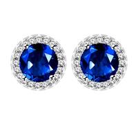 Uloveido Blue Zirconia Halo Solitaire Stud Earrings, Round Cut Studs with Halo Design, Platinum Plated YA5034
