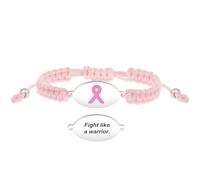 Uloveido Breast Cancer Awareness Bracelet - Adjustable Pink Ribbon Jewelry - Engraved Fight Like a Warrior Stainless Steel Plate with Braided String - Support Gift for Women Survivors Friends
