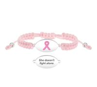 Uloveido Breast Cancer Awareness Jewelry - She Doesn't Fight Alone Pink Ribbon Bracelet - Personalized and Adjustable Stainless Steel Plate with String - Thoughtful Gift for Survivors Family Women