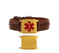 Uloveido Brown Leather Medical ID Bracelet - Customizable Leather Medical Alert Bracelet - Adjustable Emergency Identification Wristband for Men and Women with Buckle Clasp Y6041