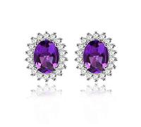 Uloveido Charm Pure 925 Sterling Silver Oval Natural Amethyst Purple Crystal Stud Earrings Wedding Jewellery for Women CR002
