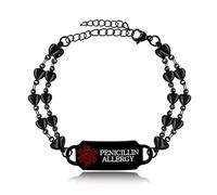 Uloveido Chic Black Love Heart Double Chain Women's Jewelry for Penicillin Allergy Medical ID, Fashion Sport Medical Alert Bracelet, Laser Engraved Emergency ID Bracelet