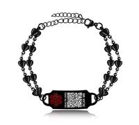 Uloveido Chic Waterproof QR Code Love Heart Double Chain Medical ID Bracelet, Laser Engraved Black Stainless Steel ID Bracelet for Women, Health Condition Medical Alert Jewelry