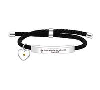 Uloveido Christian Religious Bible Quote Bracelet for Women Girls Encouragement Gift, Black String Stainless Steel Engraved Bracelet (God is within her she will not fall)