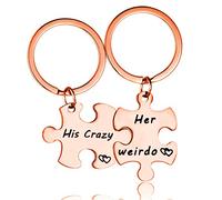 Uloveido Couple Key Chain Ring Set Puzzles - Her Weirdo His Crazy - Valentine Couples Gift Stainless Steel (Rose Gold, Her Weirdo His Crazy) SN136
