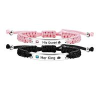 Uloveido Couples Bracelets Set - His Queen Her King Relationship Bracelets - Handmade Woven Pink Black String Stainless Steel ID Plate Bracelets for Men and Women Y3941