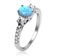 Uloveido Dazzling Accent Wedding Engagement Ring Oval Cut Lab Created Blue Opal Round Clear CZ 925 Sterling Silver 2.16g Size Q JZ104
