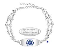 Uloveido Double Love Heart Link Bracelet - Personalized Engraved Medical Alert Jewelry for Blood Disorder, Epilepsy, Diabetes, Asthma, Mental Health, Allergy, and More