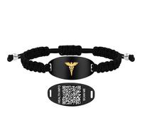 Uloveido Dynamic QR Code or Custom Engraved Medical Alert Bracelet for Men Women Stainless Steel Gold Medical Symbol ID Plate Adjustable Black Braided Rope Emergency Contact Allergy ID Jewelry, M