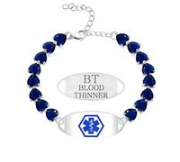 Uloveido Engraved Blood Thinner Medical Alert Heart Bracelet - Customizable Emergency ID Jewelry with Crystal Chain - Personalized Medical Information Engraving for Safety & Style