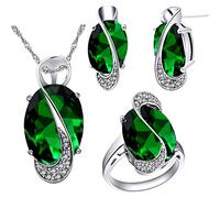 Uloveido Female Large Oval Green Crystal Necklace Charm Choker Necklace and Stud Earrings Rings Bridesmaid Jewellery Set for Women T472