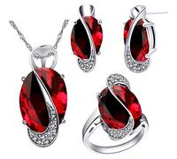 Uloveido Female Large Oval Red Crystal Necklace Charm Choker Necklace Stud Earrings Infinity Rings Bridesmaid Jewellery Set for Women T472