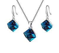 Uloveido Girl 925 Sterling Silver Square Cube Authentic Austrian Blue Crystal Pierce Dangle Earrings Choker Necklace Sets for Women (Box Packing) Y418-Blue-Set