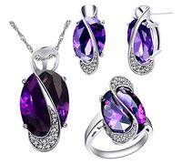 Uloveido Girls Oval Simulated Purple Stone Silver Color Chain Necklace Earrings Studs Rings Set Pretty Bridal Jewellery Set for WomenT472