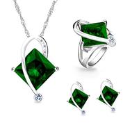 Uloveido Girls' Platinum Plated Brass Green Simulated Square Diamond Charm Pendant Necklace Piercing Drop Earrings Solitaire Finger Rings Wedding Promise Jewelry Set (Green, Size O) T295