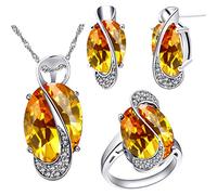 Uloveido Girl's Platinum Plated Oval Shape Yellow Crystal Simulated Citrine Diamond Gemstone Pendant Necklace Halo Rings and Post Stud Earrings Set (Silver, L Y183
