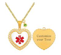 Uloveido Gold Color Heart Medical ID Necklace with Red Caduceus Symbol, Personalized Emergency Contact, Allergy Diabetic Alert, SOS Health Info Tag YA5221