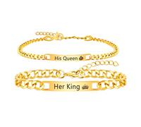Uloveido Gold Color Stainless Steel Couple Bracelets His Queen Her King Engraved Adjustable Bracelets for Long Distance Relationships Anniversary Romantic Gifts