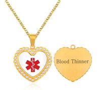 Uloveido Gold Plated Heart Pendant Medical Alert Necklace with Red Caduceus Symbol, Engraved Blood Thinner Identification, ICE Emergency Info, Allergy Diabetic Safety Jewelry YA5221