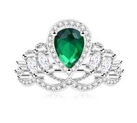 Uloveido Green Cubic Zirconia Crown Teardrop CZ Ring Adjustable - Elegant Simulated Emerald Pear-shaped Engagement Rings for Women YA4666