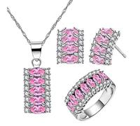 Uloveido Half- Moon Shape 7 Stone Ring, Oval Cut Cubic Zirconia Pendant Necklace and Stud Earrings Set for Women T502 (Pink,Size S)