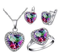 Uloveido Heart Jewellery Set Silver Color for Bridal, Women Necklace Earrings and Engagement Ring Set for Girls Girlfriend T481