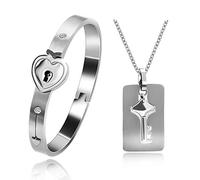 Uloveido His and Hers Matching Set Couple Titanium Only You Have My Key Bangle Bracelet Lock and Key Necklace Set for Girlfriend and Boyfriend SN300