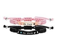 Uloveido His Crazy and Her Weirdo Bracelets for Couples - Handmade Pink Black String Stainless Steel ID Plate Bracelets for BF and GF Y3943