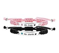 Uloveido His Crazy and Her Weirdo Relationship Bracelets for Couples - Handmade Braided Pink Black String Stainless Steel ID Plate Bracelets for Boyfriend and Girlfriend Y3941