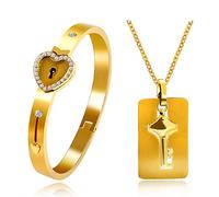 Uloveido Key to My Heart Shield Key Pendant Necklace and Cubic Zirconia Lock Bracelet Distance Jewelry Set for Girls Boys Couples Y474 (Gold)
