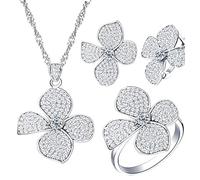 Uloveido Lucky Clover Flower Bridal Wedding Jewelry Set for Girls, Good Luck Earrings Stud Pendant Necklace and Ring Set for Women T001