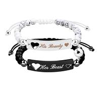 Uloveido Magnetic Couple Identification Bracelet Set, Black Jade and White Turquoise Beaded Heart Bracelet Distance Matching Bracelet for Valentine's Day (Beauty Beast)