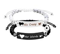 Uloveido Magnetic Couple Identification Bracelet Set, Black Jade and White Turquoise Beaded Heart Bracelet Distance Matching Bracelet for Valentine's Day (Crazy Weirdo)