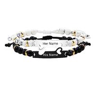 Uloveido Matching Love Heart Personalized Name Bracelets Set for Couples Boyfriend Girlfriend, Black White Turquoise Stone Stainless Steel Adjustable Beads Bracelets Set for Boy and girl