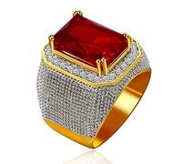 Uloveido Men Gold Plated Emerald Cut Simulated Red Ruby Ring Wedding Engagement Bands Promise Ring for Him July Birthstone Ring for Father Dad Boy-friend (Size S) RA408
