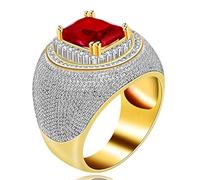 Uloveido Men's Gold Plated Emerald Cut Micro-Inlaid Red Zircon Rings Rectangle Shape Big CZ Wedding Band Ring for Boy Y587 (Size 11)