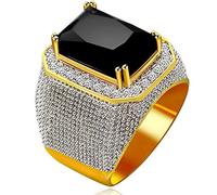 Uloveido Men's Gold Plated Iced Out Cubic Zirconia Band, Super Big Black Rectangle CZ Zircon Hip Hop Ring for Men Boys RA408 (Black,Size S)