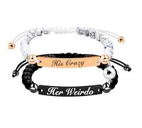 Uloveido Personalized ID Couple Bracelets with Magnet, Stainless Steel and Natural Bead, Custom Engraving Handmade Braided Rope Wrist Bangle for Men Women Friendship
