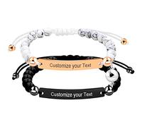 Uloveido Personalized ID Couple Bracelets with Magnet, Stainless Steel and Natural Bead, Custom Engraving Handmade Braided Rope Wrist Bangle for Men Women Friendship (Customize Text)
