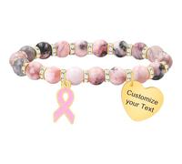 Uloveido Pink Zebra Jasper Breast Cancer Awareness Bracelet - Never Give Up Heart Charm & Pink Ribbon, Stretch Beaded Natural Stone Bracelet for Women, Inspirational Cancer Support Jewelry Gift, One