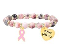 Uloveido Pink Zebra Jasper Breast Cancer Awareness Bracelet - Never Give Up Heart Charm & Pink Ribbon, Stretch Beaded Natural Stone Bracelet for Women, Inspirational Cancer Support Jewelry Gift, One