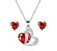Uloveido Platinum Plated Red Heart CZ Crystal Heart Pendant Necklace and Stud Earrings Set for Women Y1178 (red)